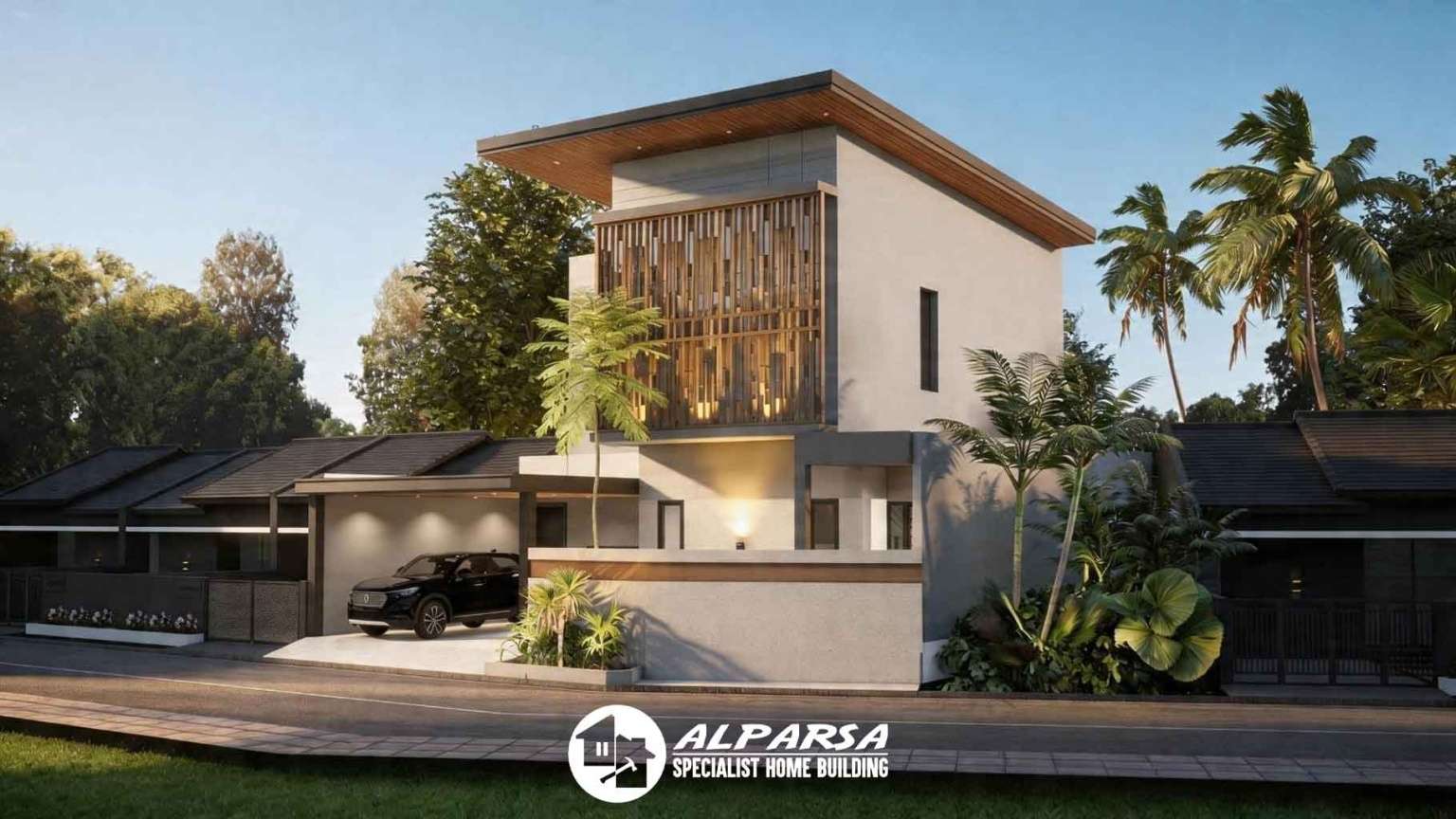 3D-Bangun-Rumah-Modern-Tropis-2-Lantai-Tampak-Kanan