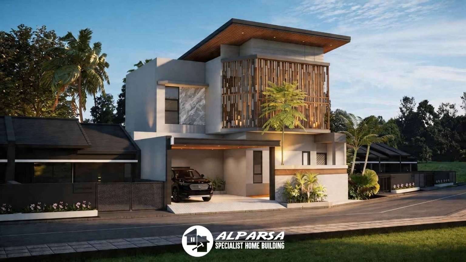 3D-Bangun-Rumah-Modern-Tropis-2-Lantai-Tampak-Kiri