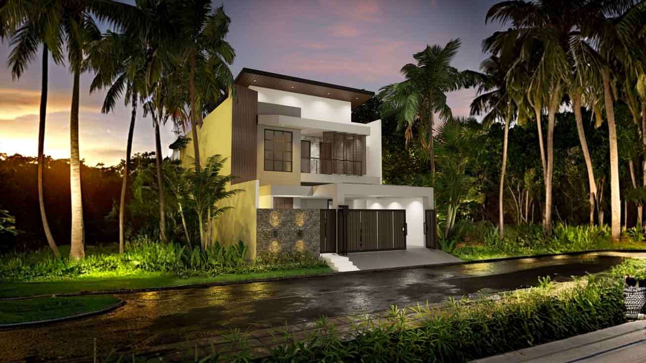 3D rumah modern tropical 2 lantai