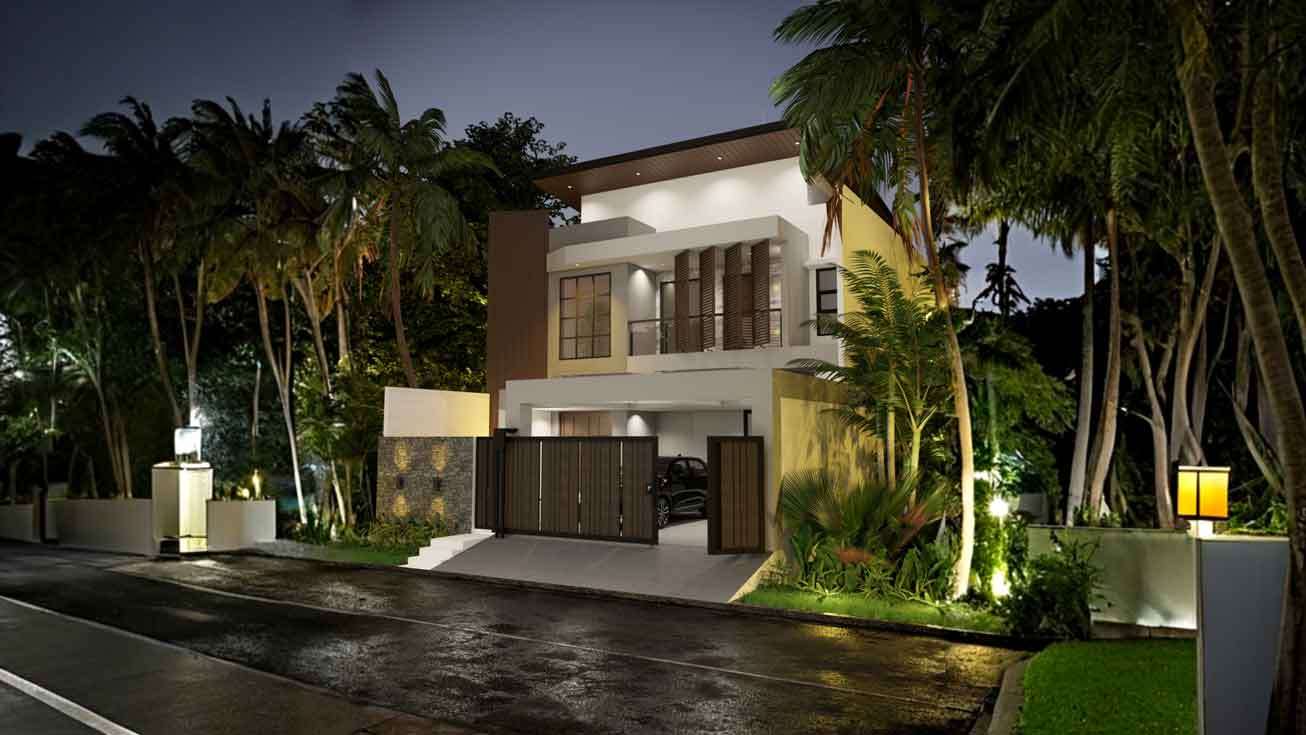 3D rumah modern tropical 2 lantai